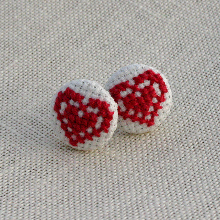 Cross Stitch Double Heart Stud Earrings By Handstitched With Love